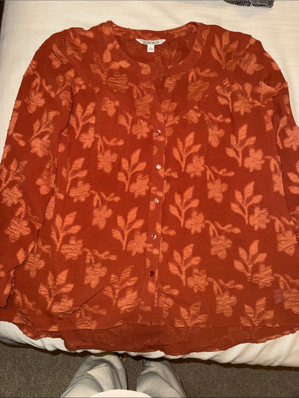 The Pioneer Woman Burnt Orange Floral Jacquard Button-Front Blouse - Picture 3 of 3